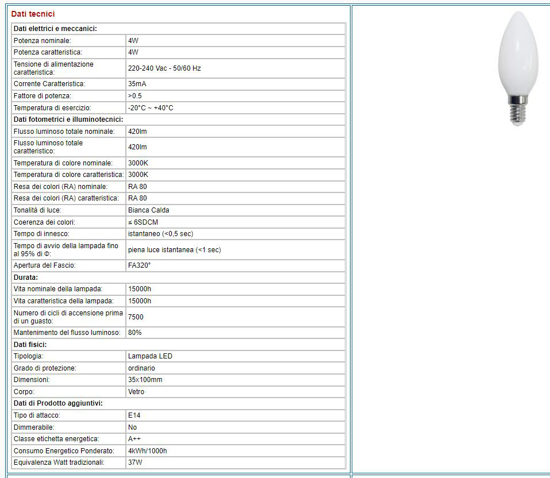 Lampadadina led e14 4w 3000k candela filament milky 39.920022cm3 fp