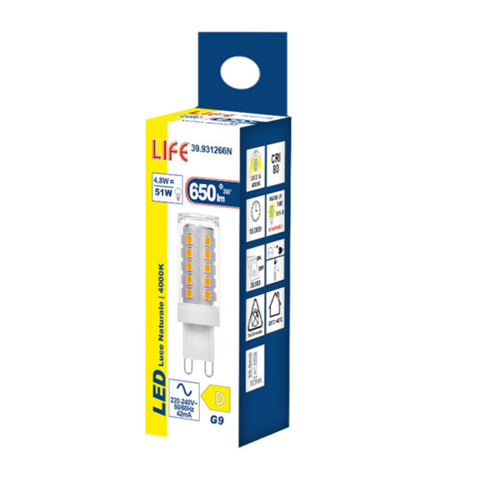 Life lampada led g9 4.8w 4000k lm650 cri80 ottica 300