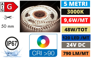 Striscia led silicone per esterno ip67 bobina 5mt 9,6w mt 3000k 24v fp