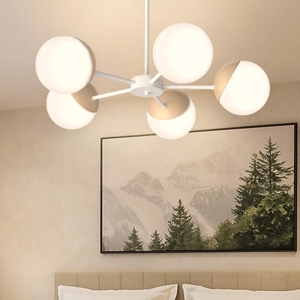 Lampadario camera da letto design bianco legno sfere vetro
