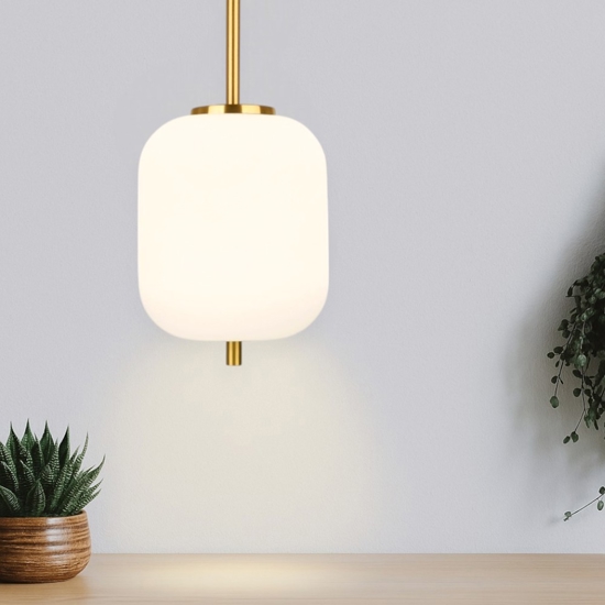 Lampada a sospensione dorata vetro bianco