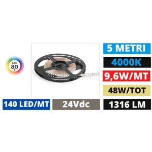 Striscia bobina 5 metri led 9,6w-mt 4000k 24vdc gea luce
