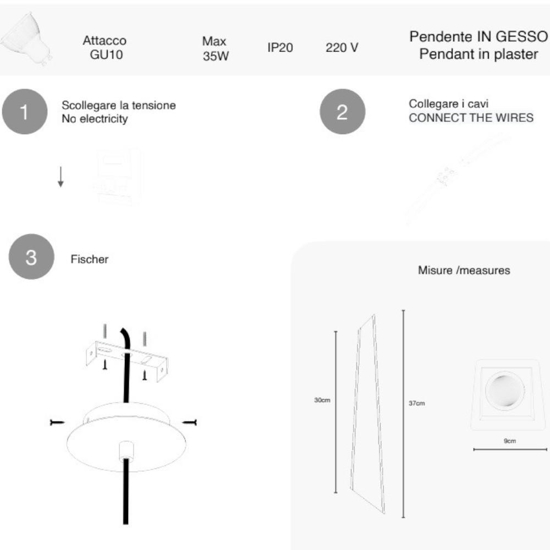Lampada pendente a sospensione bianca in gesso assimetrica