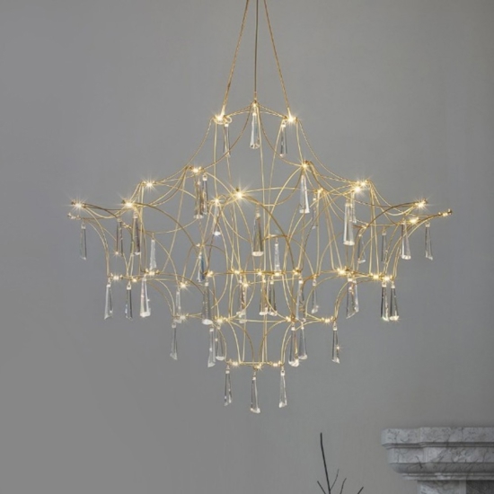 Lampadario design elegance con cristalli oro led 20w 3000k per salotto