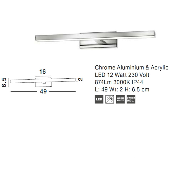 Applique specchio bagno cromo led 12w 3000k
