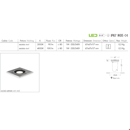 Faretto per esterno quadrato da incasso pavimento led 7w 3000k ip67