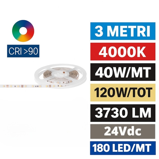 Bobina 3mt strip led 40w-mt 4000k cri90 24v ideal lux