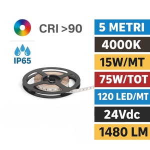 Bobina 5mt striscia led per esterno 14,4w-mt 4000k ip65 24v cri90 ideal lux