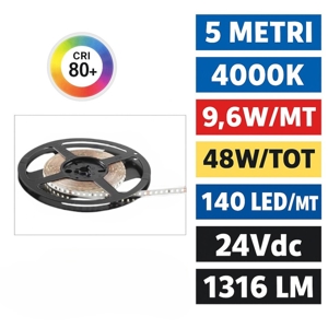 Striscia bobina 5 metri led 9,6w-mt 4000k 24vdc gea luce
