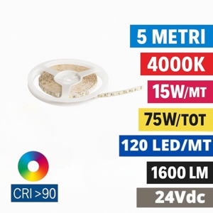 Bobina 5mt strip led 14,4w-mt 4000k 24v dc cri90 ideal lux