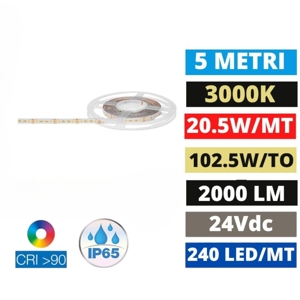 Striscia led per esterno 24v 19,4w-mt cri90 3000k ip65 bobina 5mt