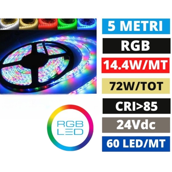 Bobina 5mt strip led rgb 24vdc 14,4w-mt cri85