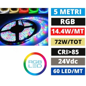 Striscia led rgb per esterno bobina 5 mt 14,4w-mt ip67 24vdc cri85