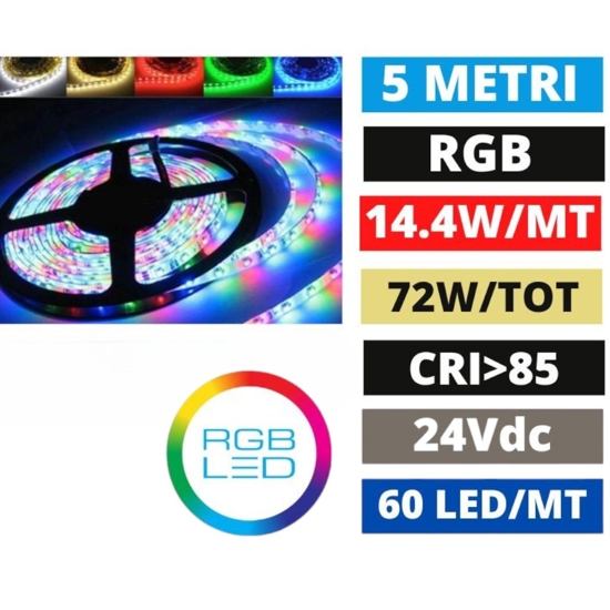 Striscia led rgb per esterno bobina 5 mt 14,4w-mt ip67 24vdc cri85