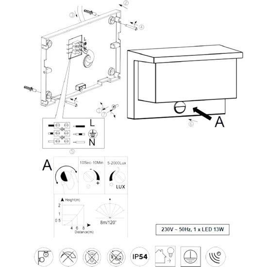 Applique da esterno led 3000k moderna antracite con sensore di movimento