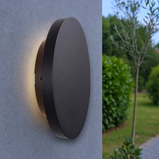 Applique da esterno cerchio disco nero led 12w 3000k