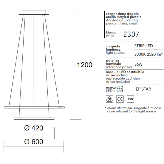 Affralux acryled lampadario led modello doppio anello 36w 3000k
