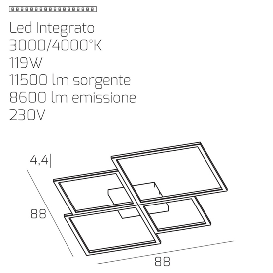 Plafoniera 120w top light four squares bianca 3000k 4000k moderna