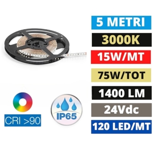 Bobina 5mt striscia led per esterno 14,4w-mt  cri90 3000k 24v ip65 ideal lux
