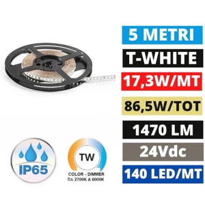 Striscia led 24vdc da 2700k a 6000k 17,3w-mt ip65 da esterno