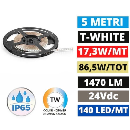 Striscia led 24vdc da 2700k a 6000k 17,3w-mt ip65 da esterno