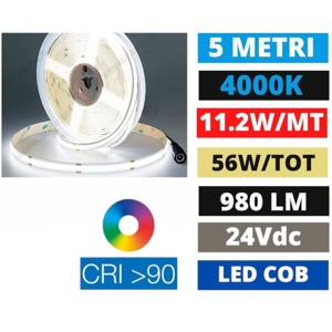 Strip led cob 11,2w-mt 4000k 24vdc bobina 5mt cri90