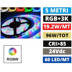 Striscia led 24vdc rgb+white 3000k 19,2w-mt bobina 5mt cri85