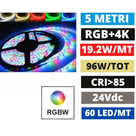 Striscia led rgb+white 4000k bobina 5mt 24vdc 19,2w cri85