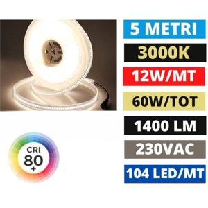 Strip led per esterni 230vac 12w-mt 3000k bobina 5mt cri80 ip65