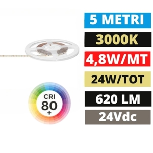 Bobina 5mt striscia led 4,8w-mt 3000k 24vdc gea luce