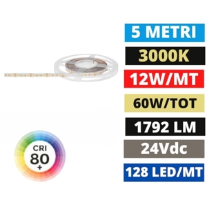 Striscia led 24vdc bobina 5mt 12w-mt 3000k gea luce