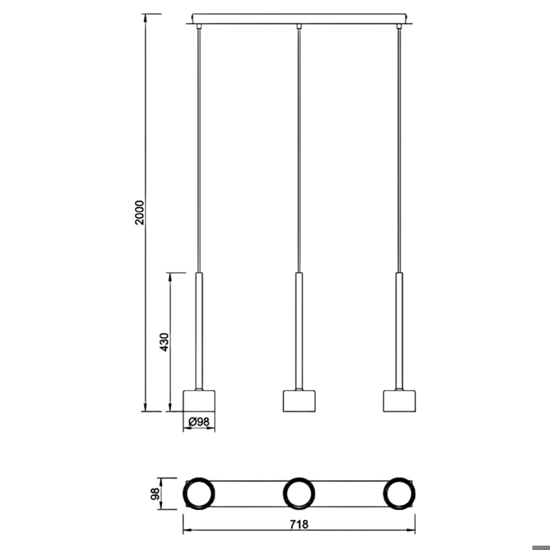 Lampadario per cucina moderna 3 luci vetri rame