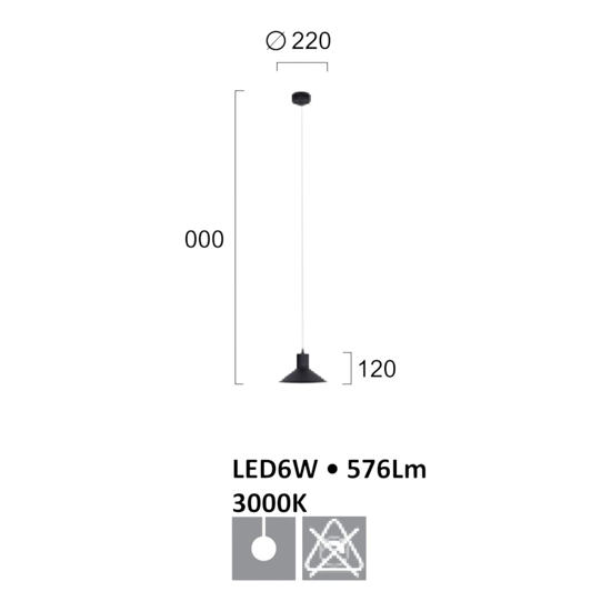 Lampada a sospensione per isola led 6w 3000k cono nero fp