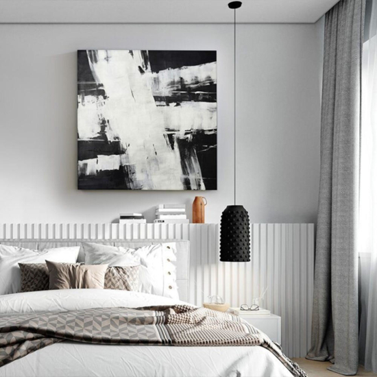 Quadr astratto pittura 90x90 cm nero e bianco minimalista