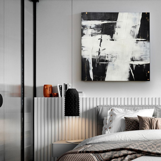 Quadro astratto bianco e nero moderno 90x90 cm acrilico su tela