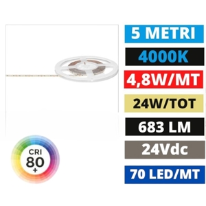 Bobina 5mt striscia led 4,8w-mt 4000k 24vdc gea luce