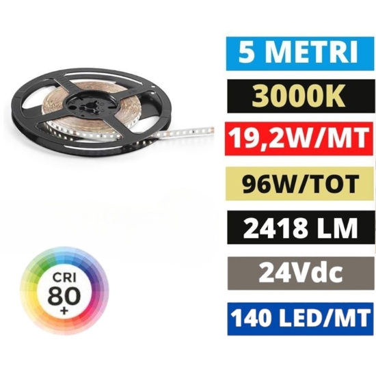 Strip striscia led bobina 5 mt 19w 3000k 24v dc gea luce