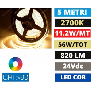 Striscia led cob 2700k 11,2w-mt 24vdc cri90 bobina 5mt