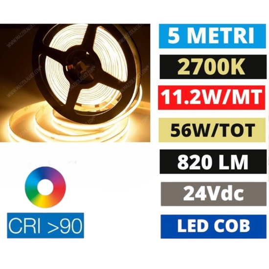 Striscia led cob 2700k 11,2w-mt 24vdc cri90 bobina 5mt