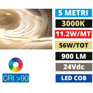 Striscia led cob 3000k 11,2w-mt 24vdc bobina 5mt cri90