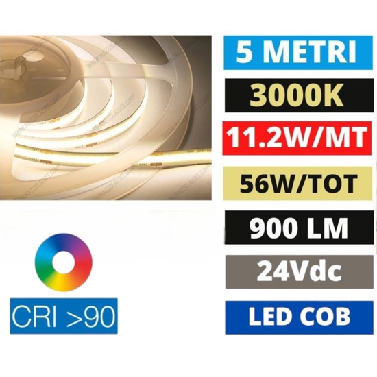 Striscia led cob 3000k 11,2w-mt 24vdc bobina 5mt cri90