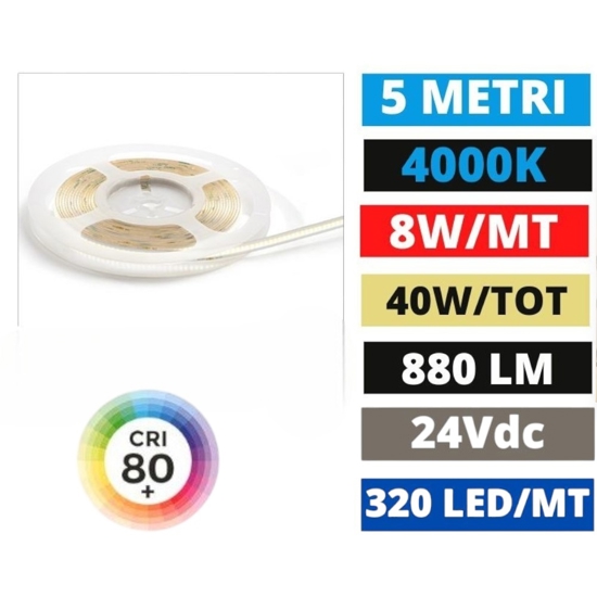 Gea luce bobina 5mt striscia led cob 8w-mt 4000k 24vdc