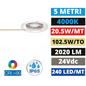 Striscia led da esterno 19,2w-mt 4000k cri90 ip65 bobina 5mt ideal lux