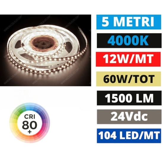 Striscia led 230vac 12w-mt 4000k bobina 5mt ip65 cri80