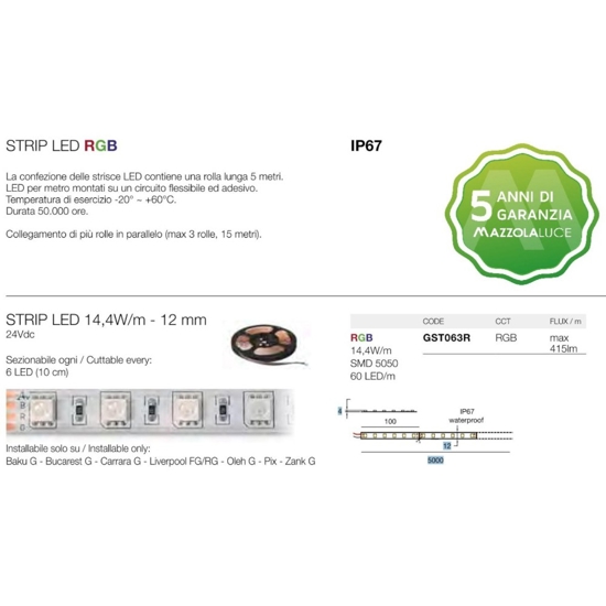 Striscia gea luce rgb per esterni ip67 bobina 5 mt 14,4w mt 24v