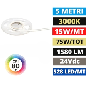 Bobina 5 mt striscia led cob 24v dc 3000k 15w-mt gea luce