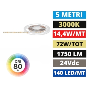 Bobina 5 mt strisp led 24v dc smd 14,4w-m 3000k gea luce