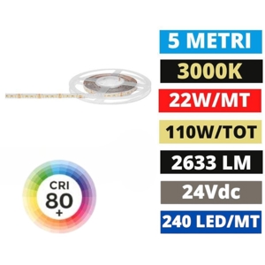 Bobina 5mt striscia led 24v dc 22w-mt 3000k cri90 gea luce