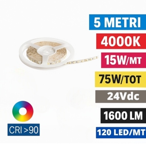 Bobina 5mt strip led 14,4w-mt 4000k 24v dc cri90 ideal lux
