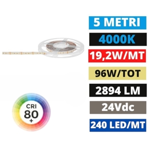 Bobina 5mt striscia led smd 2835 24v dc 4000k 19,2w-mt gea luce